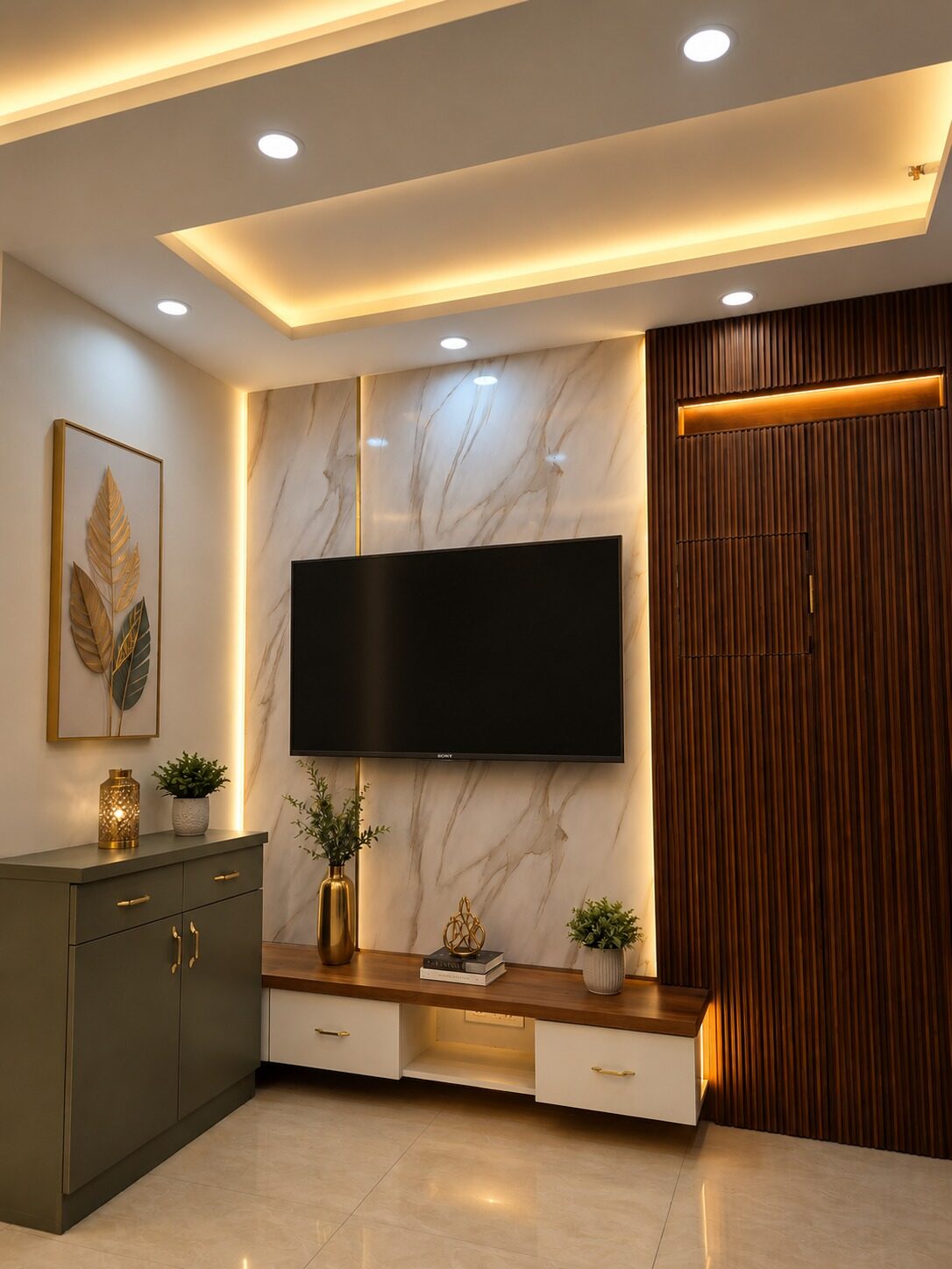 Finished bedroom TV unit wall in book-matched marble with a wooden feature door