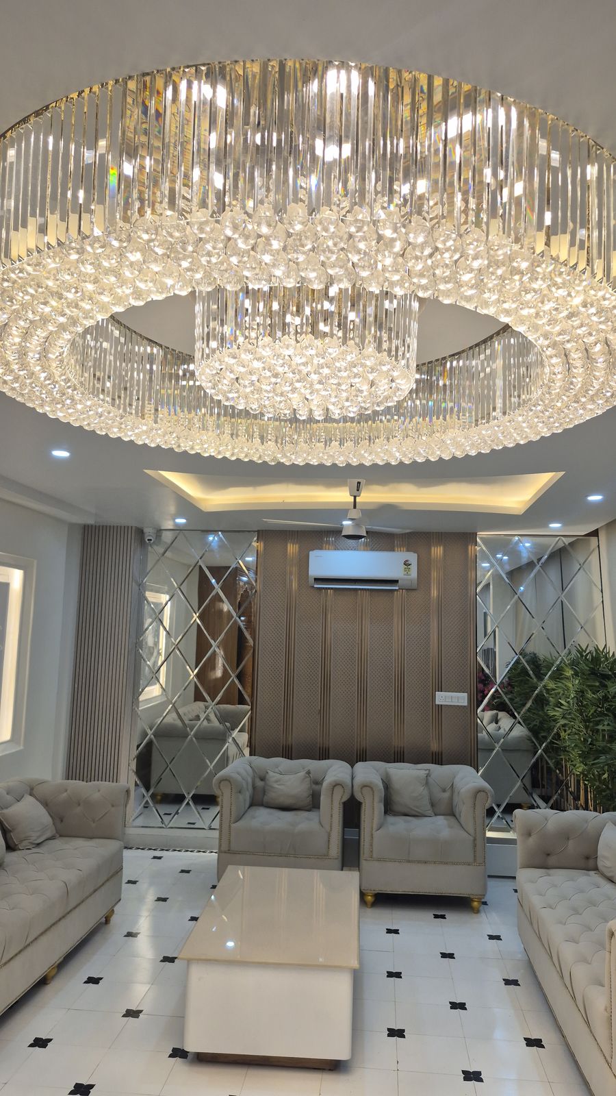 Hotel lobby ceiling and chandelier detail
