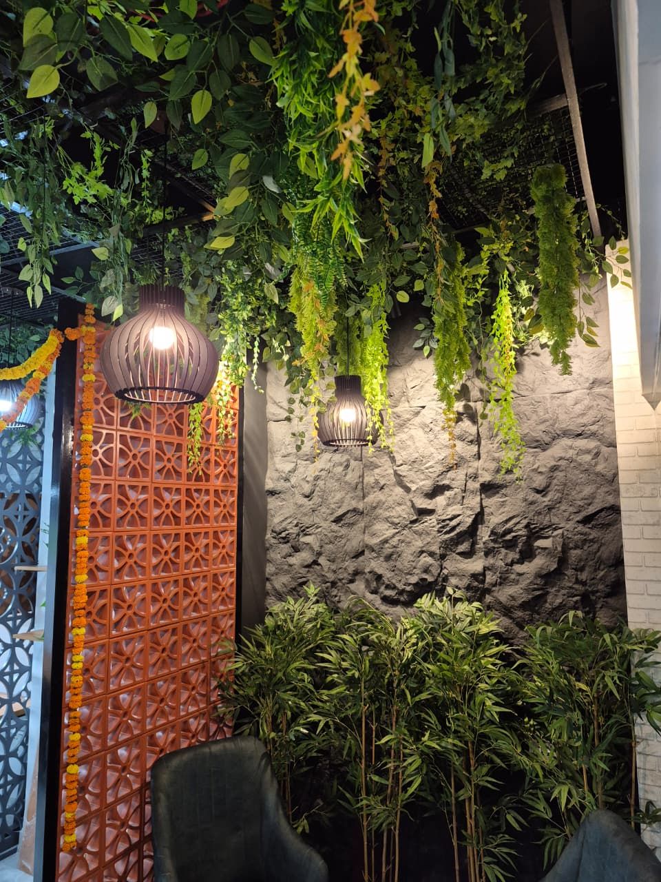 Office reception area with timber counter and planting